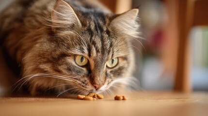 Obraz premium Fluffy cat lowers its head intently focused on a few scattered treats on a warm wooden surface.