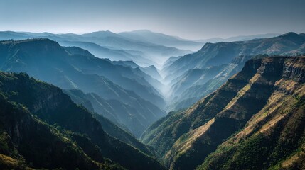 concentric. Mountain valley with concentric air ripples, misty natural landscape. travel magazines, destination branding, designed for travel destination branding, inspires travel planning.