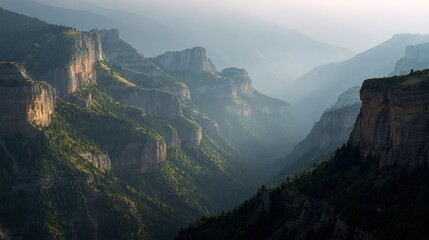 concentric. Mountain valley with concentric air ripples, misty natural landscape. travel magazines, destination branding, designed for travel destination branding, inspires travel planning.