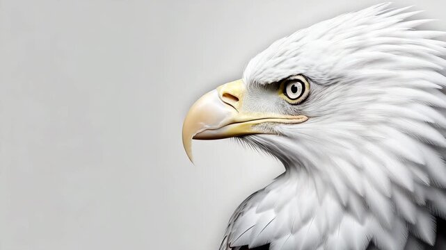 Bald eagle with sharp gaze against a light background, showcasing powerful features and majestic presence in a close-up view