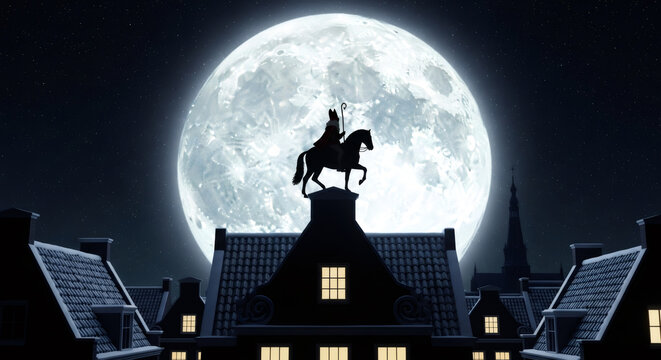 Silhouette of Sinterklaas figure on horseback against large full moon, overlooking dutch rooftops of quaint houses, capturing the enchanting spirit of a traditional december holiday celebration