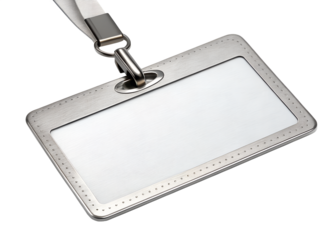 Blank silver identification badge holder with lanyard attachment isolated on transparent background