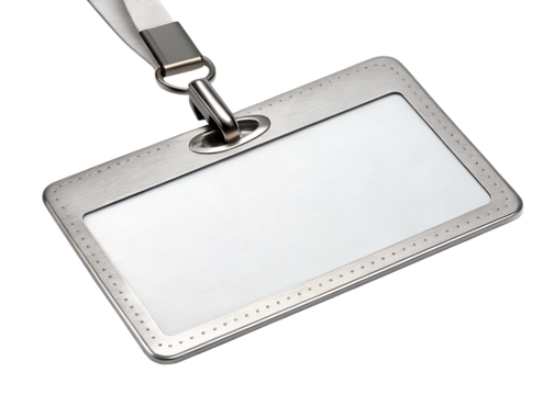 Blank silver identification badge holder with lanyard attachment isolated on transparent background