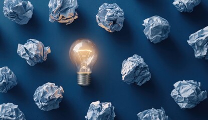 Creative concept with illuminated light bulb surrounded by crumpled paper balls on dark