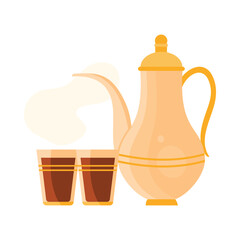 Classic Saudi Arabian coffee pot with two steaming cups on white isolated background vector illustration