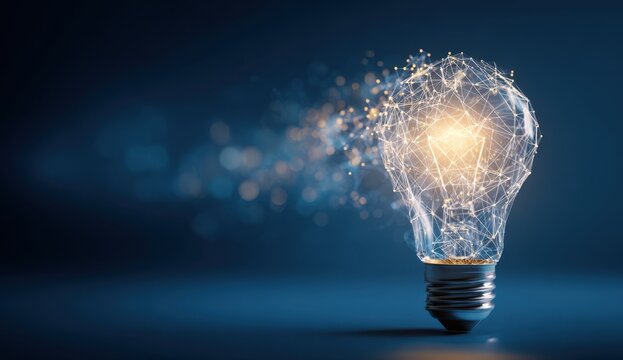 Creative digital of a glowing light bulb with abstract particles and sparks