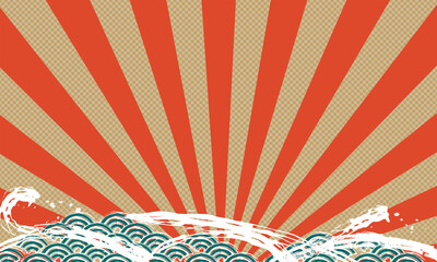 赤と金の太陽線と荒い波の背景素材