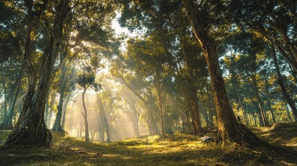 confinement. Atmospheric pine forest with morning mist and gentle light filtering through trees. travel magazines, destination branding, designed for outdoor magazines and nature guides.