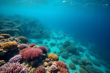 Vibrant coral reefs seen from above in shallow tropical water.