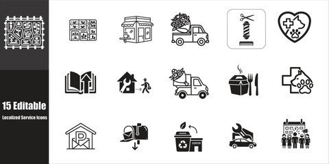 Collection of hand drawn black and white icons representing various services and concepts
