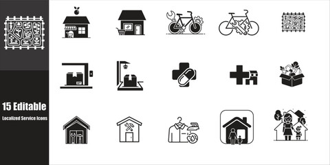 Collection of simple black and white icons representing various businesses and services for community life