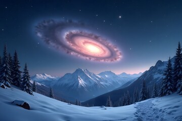 A spiral galaxy visible above a snowy mountain ridge.