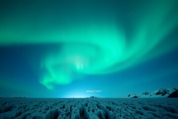 A glowing glacier beneath a sky filled with green auroras.