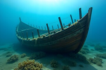 Wooden shipwreck entangled in seaweed beneath clear blue water.