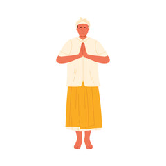 Isolated Indonesian man in traditional clothing performing respectful greeting gesture on white background vector illustration