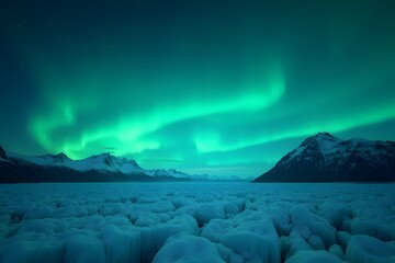 A glowing glacier beneath a sky filled with green auroras.