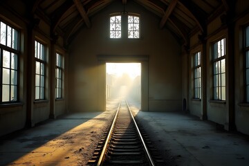 Old train station filled with dust and sunlight through broken glass.
