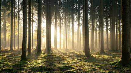 confinement. Atmospheric pine forest with morning mist and gentle light filtering through trees. travel magazines, destination branding, designed for outdoor magazines and nature guides.