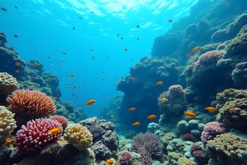 An underwater coral garden filled with colorful marine life.
