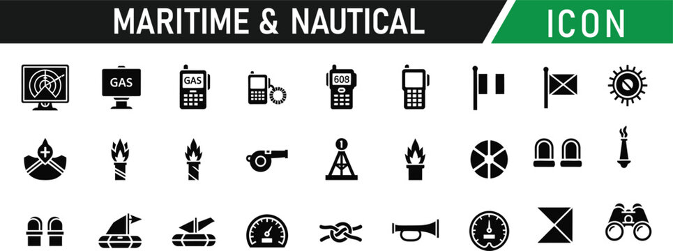 Maritime and nautical glyph icon set. Including Anchor, Compass, Ship Wheel, Lighthouse, Sailboat, Nautical Star, Knot, Lifebuoy, Seagull, Waves. Vector silhouette illustration
