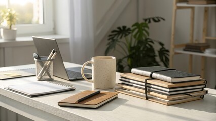 A modern workspace with a laptop mug and stacked notebooks