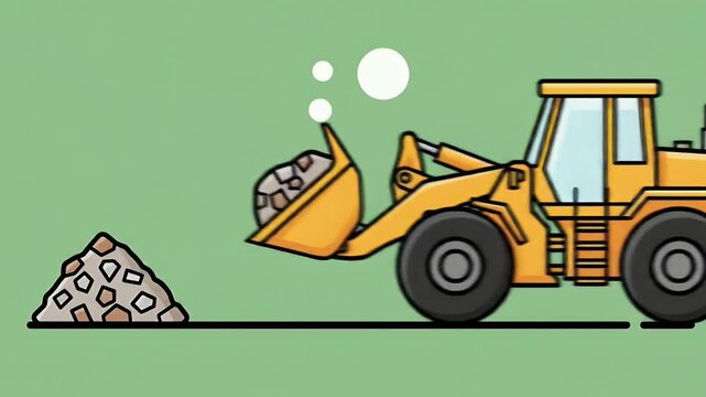 Illustration of Yellow Bulldozer Loading Rocks Against Green Background Construction Equipment Vehicle Heavy Machinery Transportation Cartoon Style