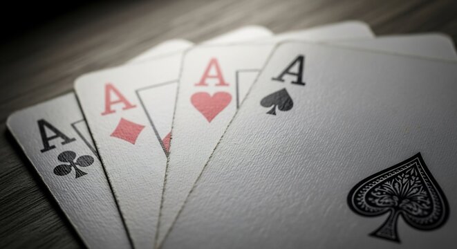 A powerful poker hand showing four of a kind aces on a dark wooden table, symbolizing luck, victory, and high stakes - Powered by Adobe