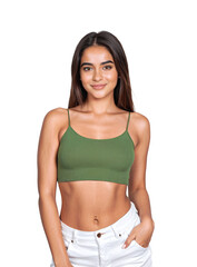Obraz premium Portrait of a young woman with a green crop top and white pants posing confidently, isolated, transparent background, no background. PNG.