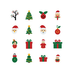 Collection of festive christmas icons including santa claus trees and gifts on white vector