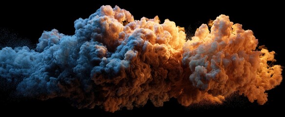Dramatic explosion of colorful smoke clouds with vibrant orange and blue hues