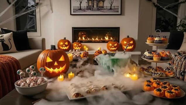 An October Halloween horror party setting with glowing pumpkins, eerie fog, and a festive table full of spooky treats, creating a memorable celebration