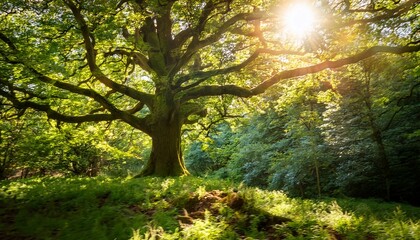 Naklejka premium sunlit green oak tree in lush forest