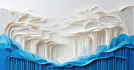 Paper waves form ocean scene. Text layers create depth, texture. Blue contrasts white, suggesting water, sky. Artistic, detailed composition.