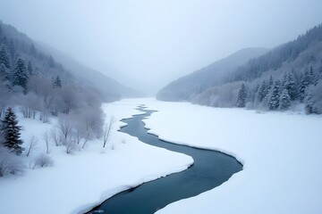Frozen river winding through a silent snow-covered valley.