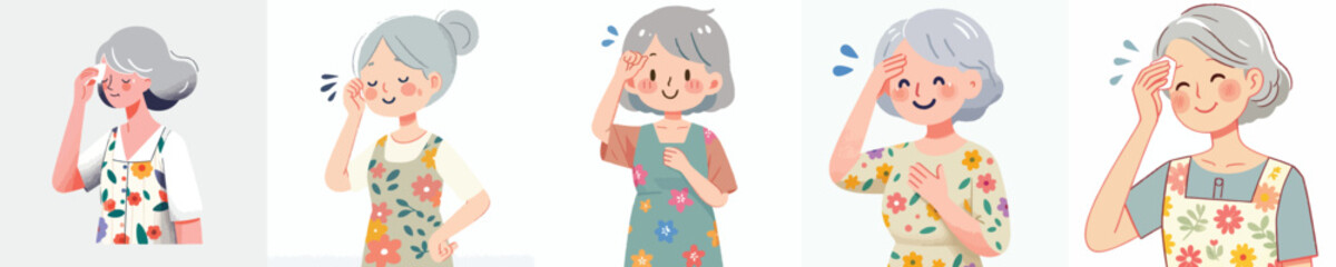 vector of a grandmother wiping sweat gesture