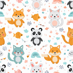 Obraz premium Adorable seamless pattern featuring cute cartoon woodland animals like fox, panda, rabbit, and wolf, a whimsical design for nursery decor