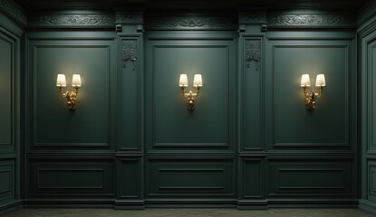 Fototapeta premium Elegant dark teal wall with ornate molding and four vintage wall sconces lighting