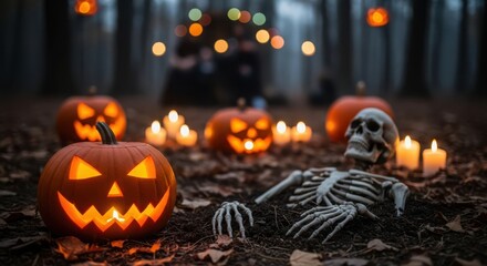 Scary halloween scene with jackolanterns, skeleton, and candles in forest