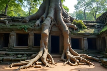Massive tree roots breaking through ancient stone ruins.