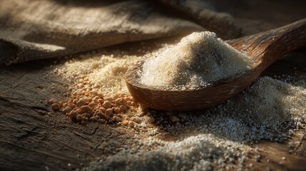 Closeup of a wooden spoon filled with granular sugar, casting a shadow on a rustic wooden surface with a burlap cloth in the background, highlighting the texture and detail of the sweetener