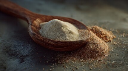 A wooden spoon filled with a light brown powder, with some powder spilled around it on a textured surface, closeup shot