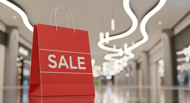 Black shopping bag with bold white SALE text stands prominently in a modern shopping mall, showcasing the excitement of Black Friday sale shopping and consumerism