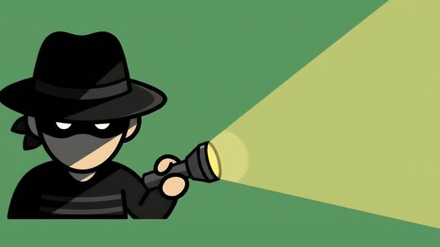 Cartoon Thief Character with Black Hat Mask and Striped Shirt Holding Flashlight on Green Background Illustration Adobe Stock Photo