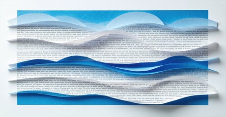 Paper waves mimic ocean surface. Blue, white layers create depth, texture. Text visible within wave forms. Artistic representation.