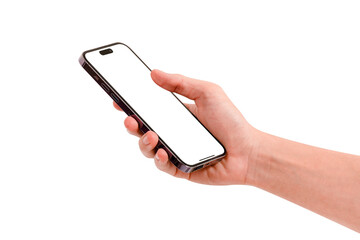 Hand showing smartphone with blank screen isolated.	
