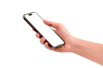 Hand showing smartphone with blank screen isolated.	
