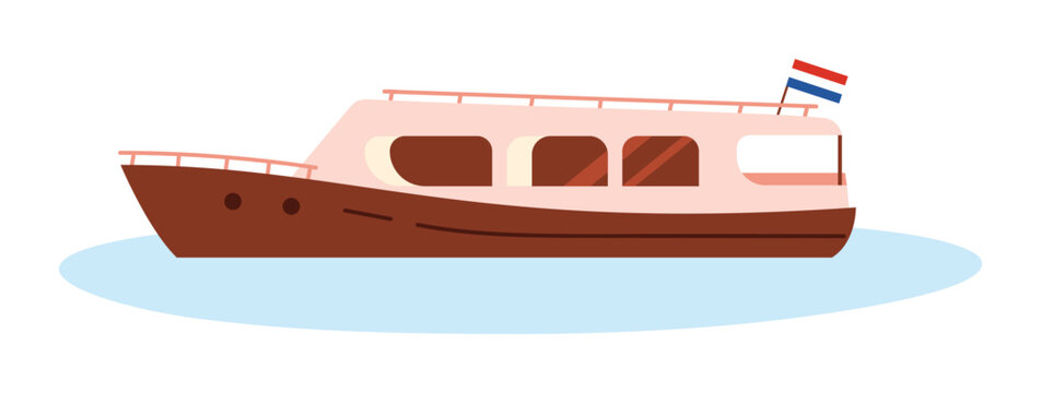 Fototapeta Flat isolated Dutch canal boat with Netherlands flag on water for travel and tourism vector illustration