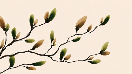 extension. New botanical buds extending from a main branch in minimalist illustration. gardening catalogs, home-decor guides, designed for gardening and botanical catalogs.
