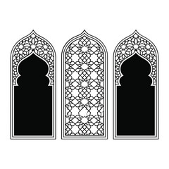Islamic Arch Window Panels Geometric Star Pattern Decorative Design Black and White Ramadan Eid Art