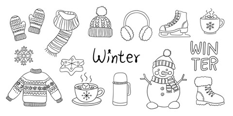 Collection of hand-drawn winter season doodles